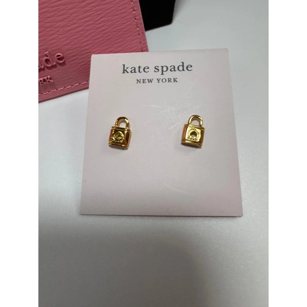 Kate Spade Pink Floral Card Holder & Gold Lock Stud Earrings Set KN759 K6448 NEW
